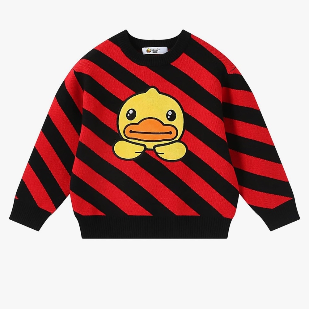 Striped Red and Black Kids Sweater with Duck Design